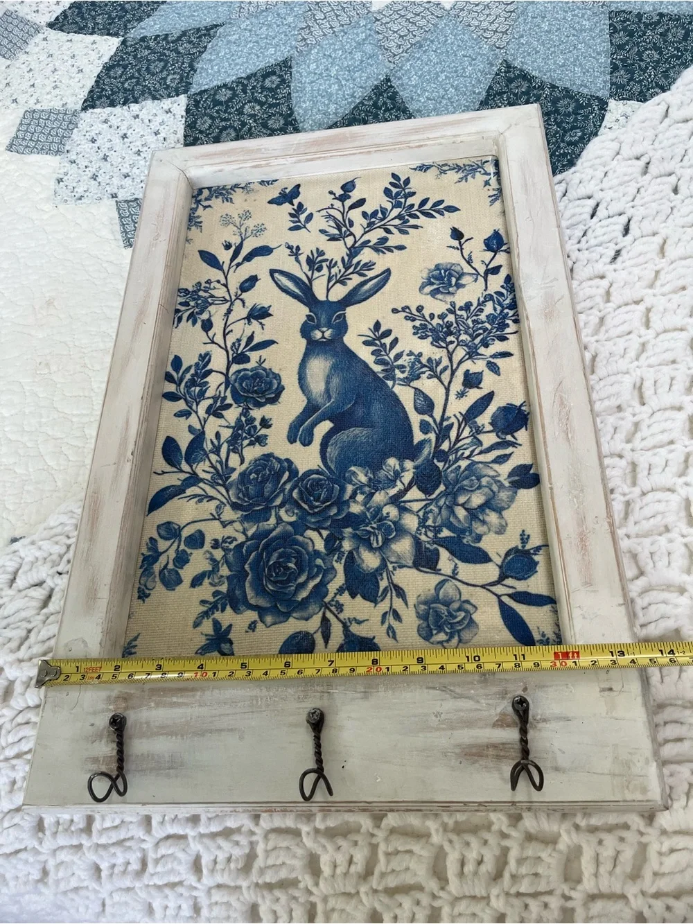 Blue Floral Rabbit Wall 3 Hook Decor